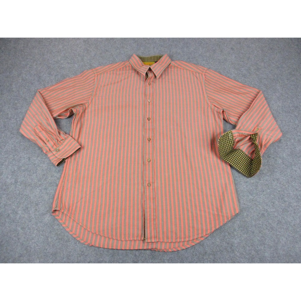 Robert Graham Shirt Mens Large Orange Striped Herringbone Button Up Flip Cuff